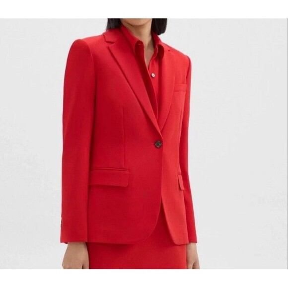 THEORY  Women’s Staple Blazer Jacket Geranium Red Sz 8 Made USA Work office - Picture 1 of 15